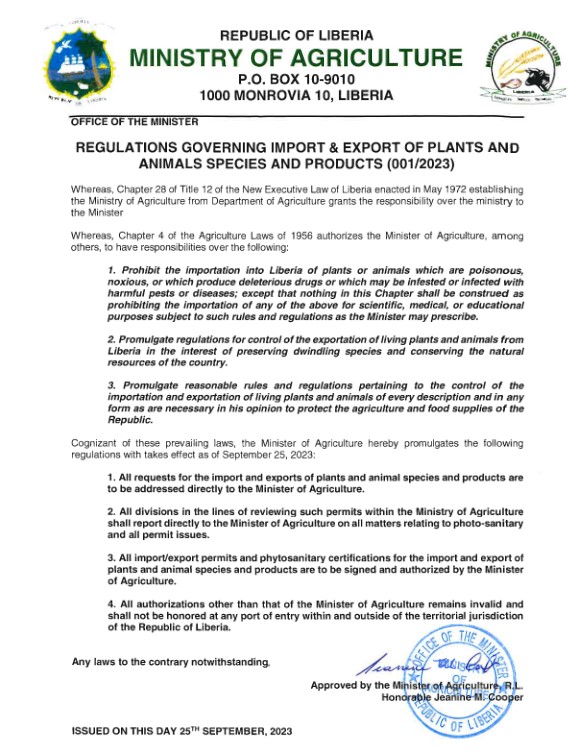 MOA’S	REGULATIONS GOVERNING IMPORT&EXPORT OF PLANTS AND ANIMALS SPECIES AND PRODUCTS(001/2-23