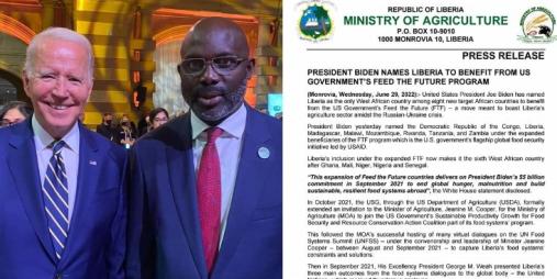 PRESIDENT BIDEN NAMES LIBERIA TO BENEFIT FROM US GOVERNMENT’S FEED THE FUTURE PROGRAM